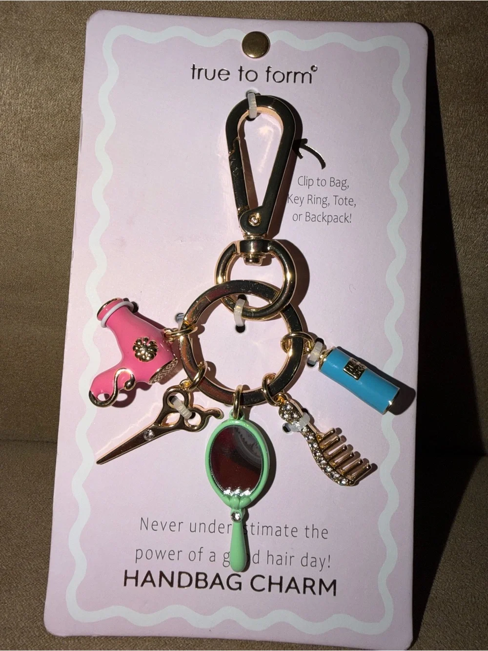True to Form Pink & Mint Hair Tool Handbag Charm Keychain